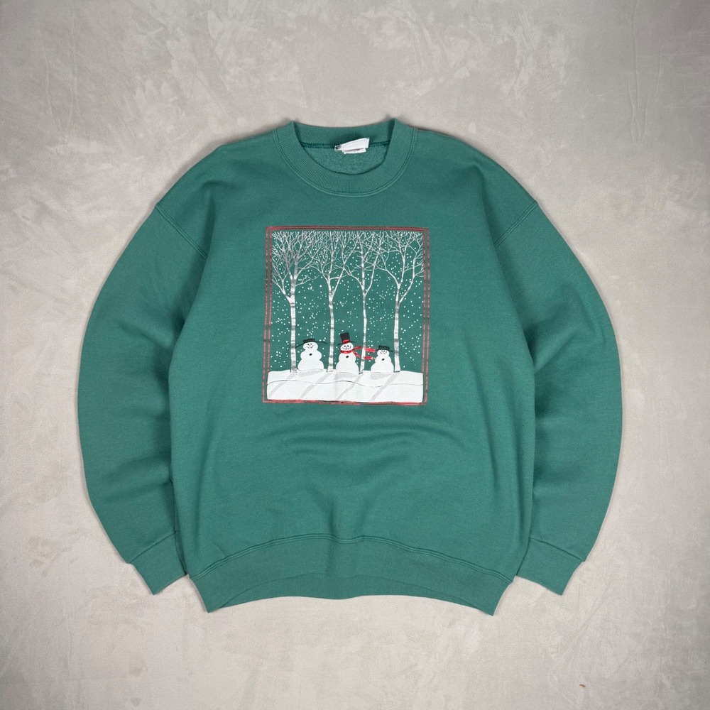 90s Unisex Lee Heavyweight Snowman Graphic Winter Sweatshirt Teal Large